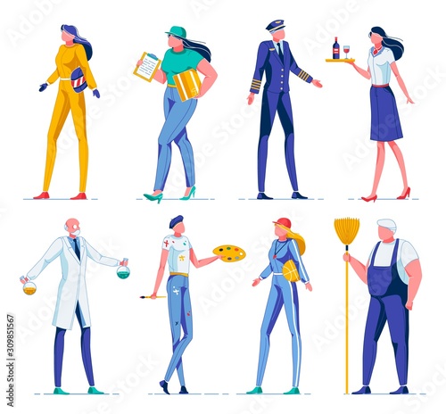 Diver, Delivery Woman, Pilot, Waiter with Tray.
