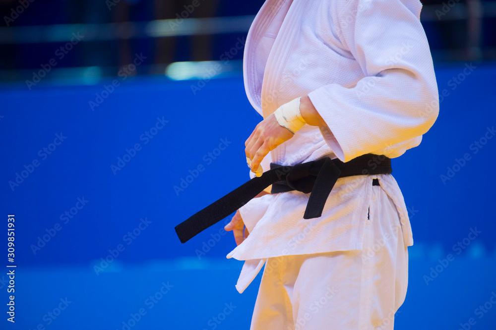 Judo fighter poses in white kimono with black belt. Japanese judo and jiu  jitsu Stock-bilde | Adobe Stock