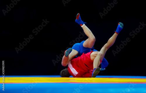 Canvastavla Two men in blue and red sambo wrestling on a yellow wrestling carpet in the gym