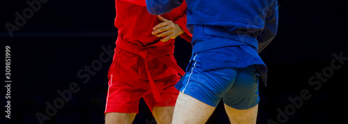 Two men in blue and red sambo wrestling on a yellow wrestling carpet in the gym photo