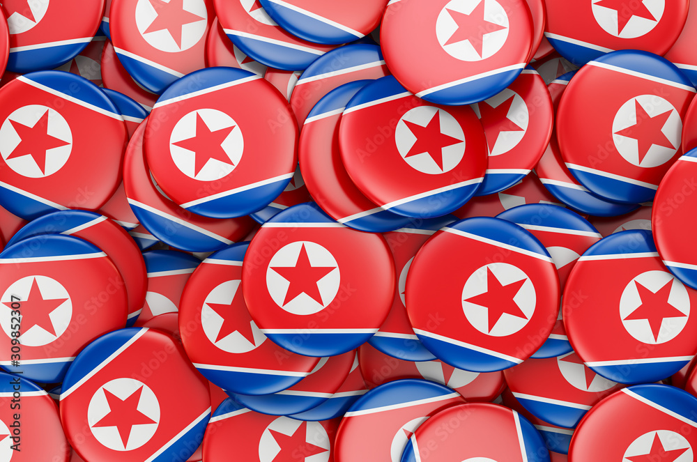 Badges with flag of North Korea, 3D rendering