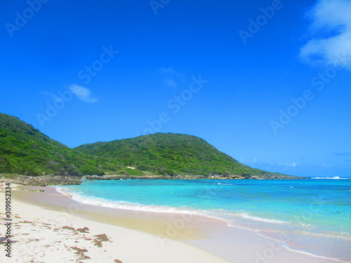 Une plage de sable blanc et la mer turquosie devant une colline de for  t
