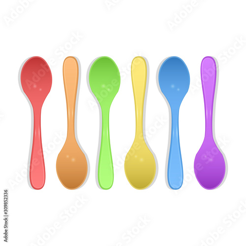 Plastic cutlery. Colorful spoons Kids food. 3d realistic vector icon set.