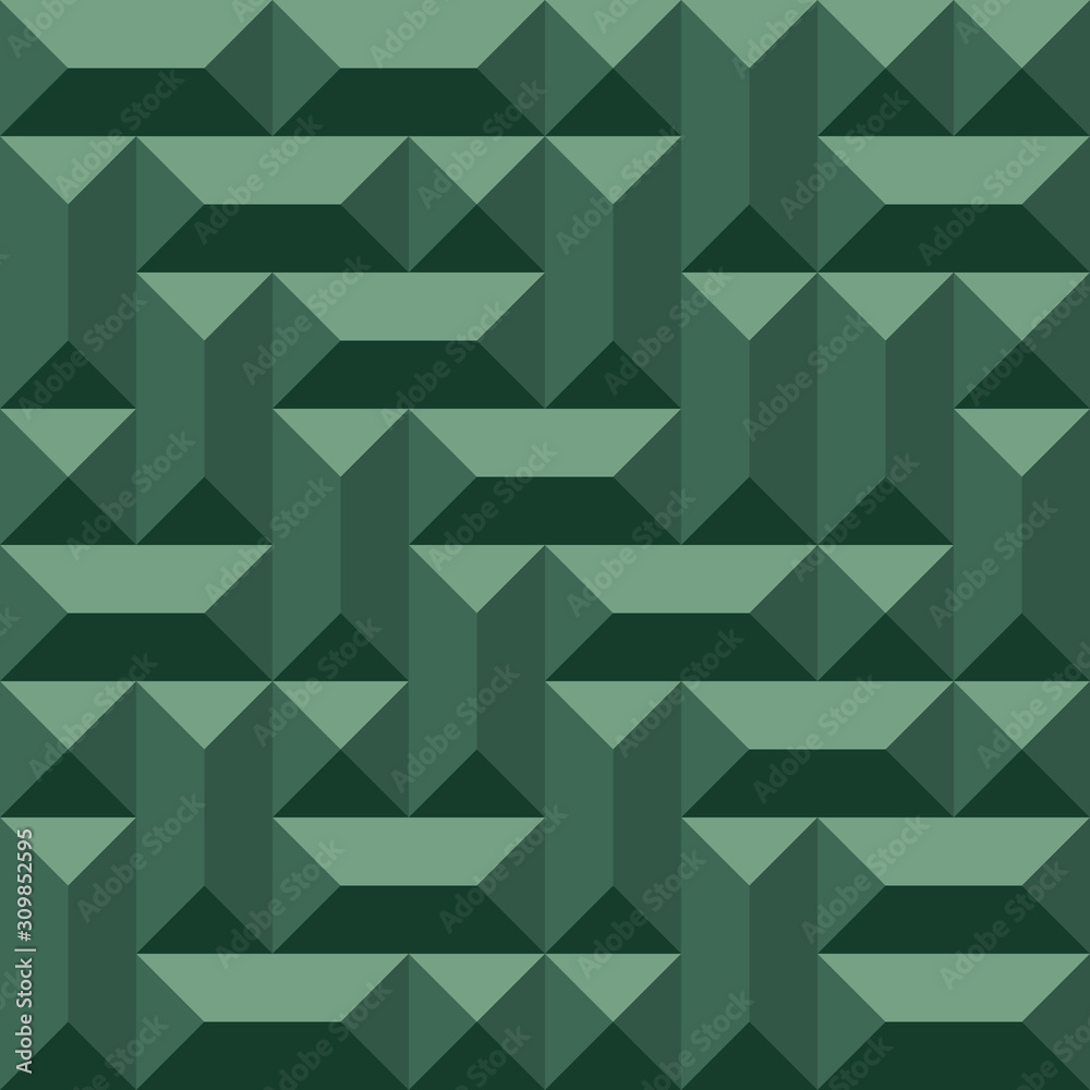Geometric 3d seamless pattern for industrial design. Convex shape metallic texture with rectangular and square pyramids. Green colored background. Vector