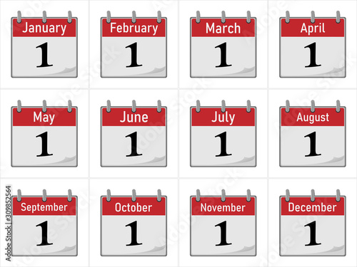 Calendar icon is the first number of the month. Red and white. Flipping the sheet to the next day. Vector illustration EPS.