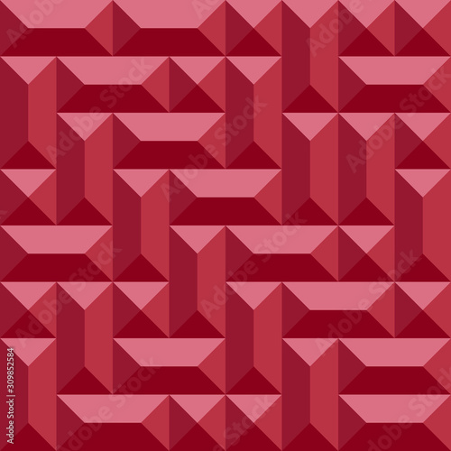 Geometric 3d seamless pattern for industrial design. Convex shape metallic texture with rectangular and square pyramids. Red colored background. Vector
