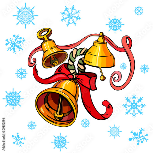 Three beautiful jingle bells with rope, red bow and ribbon, snowflakes isolated on white background. Vector illustration