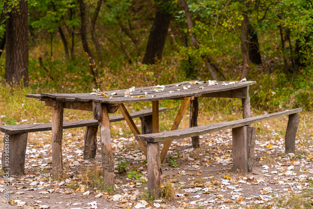 A table and two benches from a rough log house. Recreation area in the forest A table and two benches from a rough log house. Recreation area in the forest