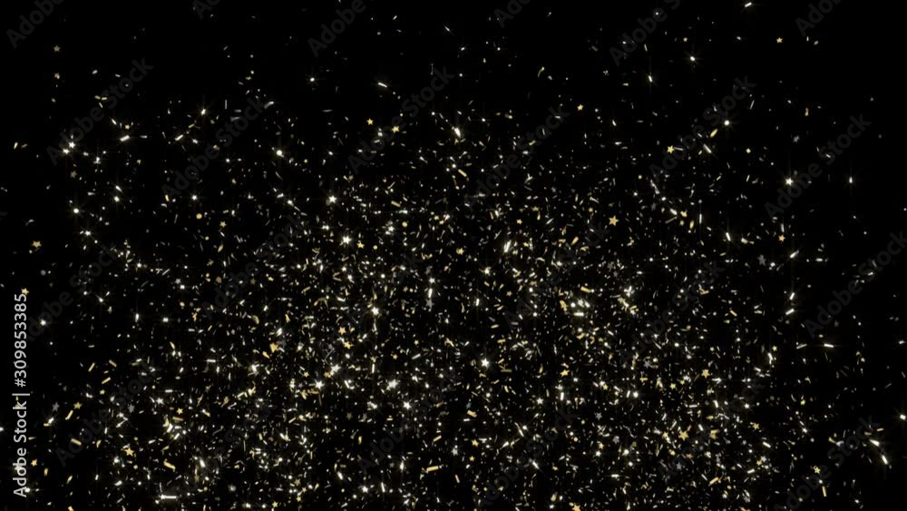 Double burst of confetti. Gold festive confetti explosions fall on a black and green background. Alpha animation. Slow motion.