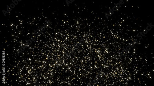 Double burst of confetti. Gold festive confetti explosions fall on a black and green background. Alpha animation. Slow motion.