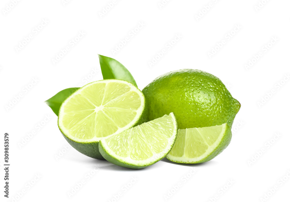 Fresh ripe green limes isolated on white Fresh ripe green limes isolated on white