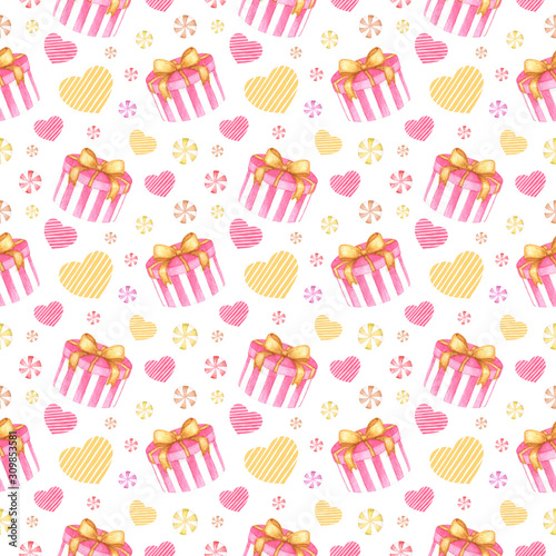 Seamless watercolor pattern with hand drawn gift box, heart and round candy on white background for Valentine's Day and Happy Birthday design, wrapping paper, greeting card, package, invitations