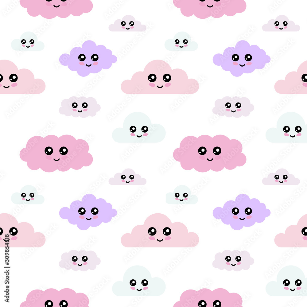 Fototapeta premium Cute seamless paattern of pastel clouds with smiley emoticons.