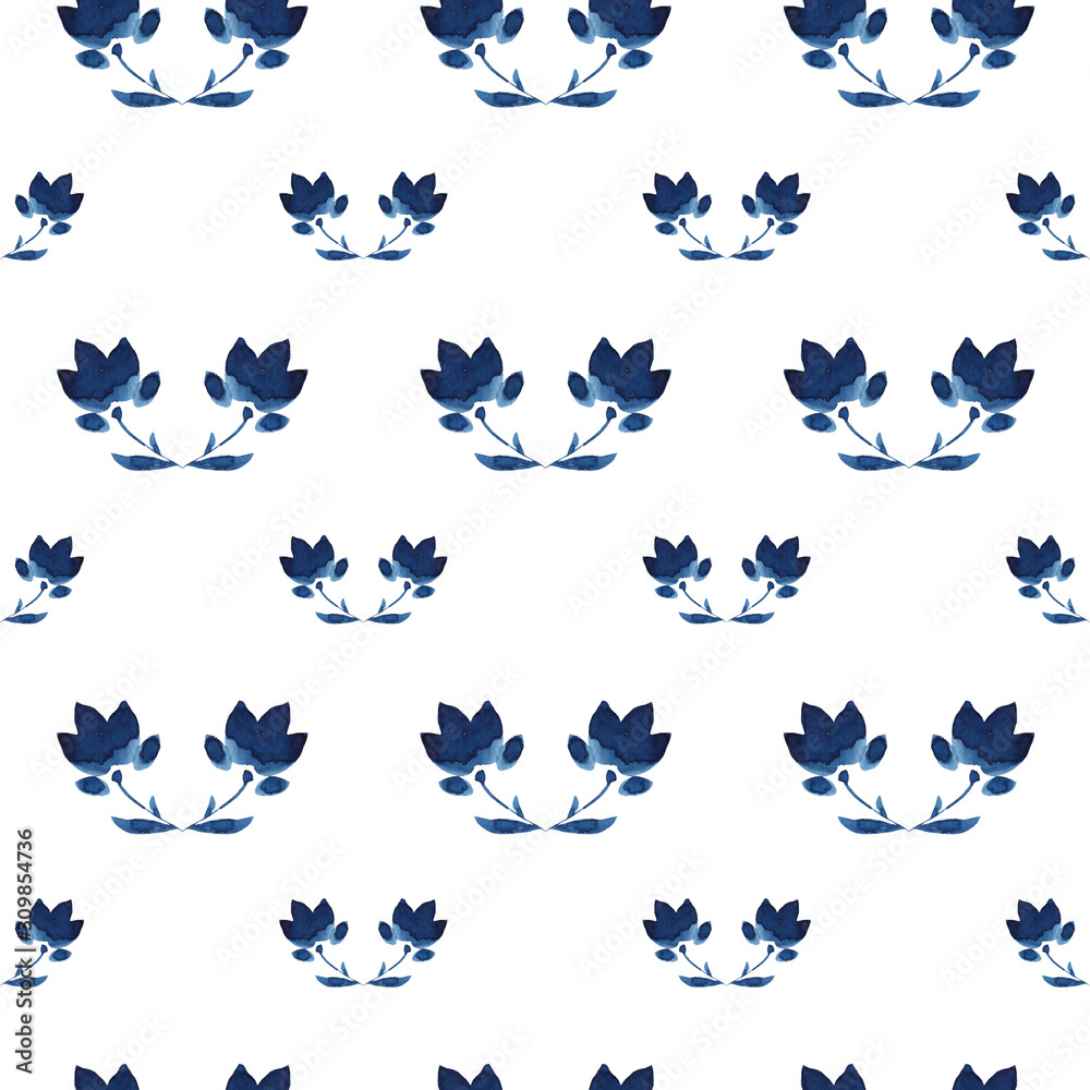 Fototapeta premium Watercolor flowers handmade in indigo. Blue flower seamless pattern. Isoleted on white background. Pantone 2020 classic blue