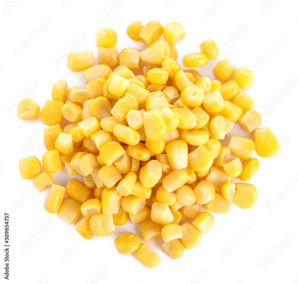 Pile of delicious canned corn isolated on white, top view Pile of delicious canned corn isolated on white, top view