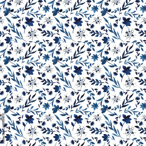 Watercolor flowers are handmade in indigo. Blue flower seamless pattern. Isolated on white background. Classic blue. Floral pattern