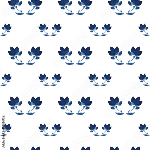 Watercolor flowers handmade in indigo. Blue flower seamless pattern. Isoleted on white background. Pantone 2020 classic blue