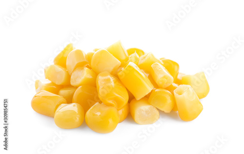 Pile of delicious canned corn isolated on white
