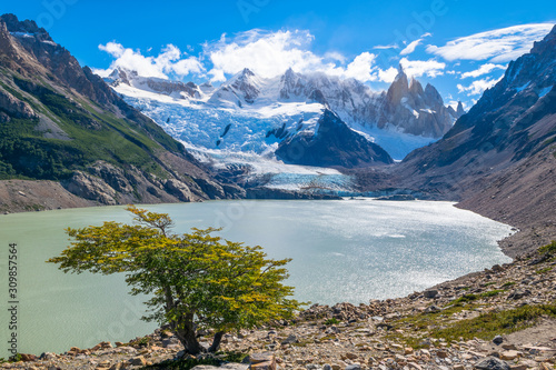 Beautiful view of Glacier and Laguna Torre with Cerro Torre in the background - Los Glaciares National Park - Patagonia, Argentina