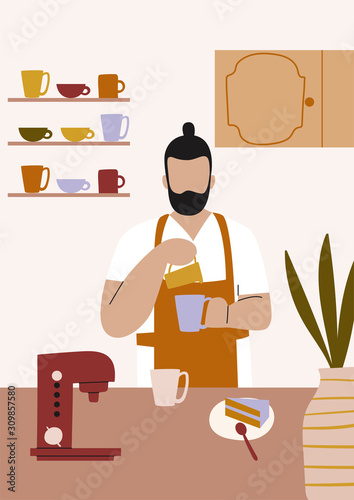 Front view of coffee shop. Man working as a barista making coffee. Flat vector illustration.