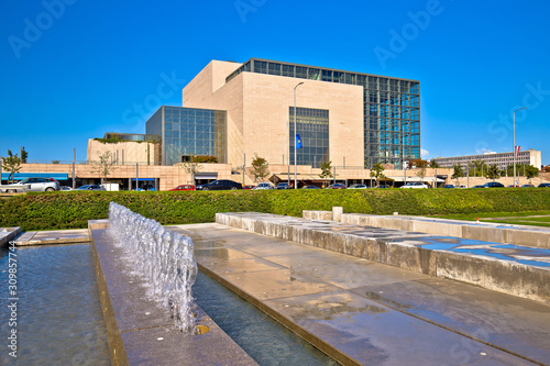Zagreb. The National and University Library in Zagreb and fountains meadow view. © xbrchx