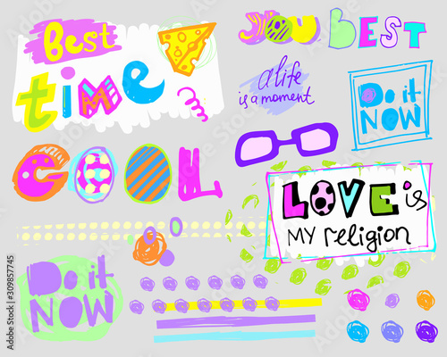 scrawl style stickers with the words cool