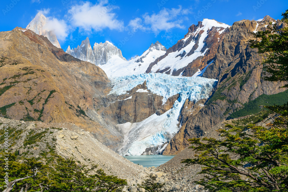 Mount Fitz Roy and Lake & Glacier Piedras Blancas in Los Glaciares National Park - El Chalten - Patagonia - Argentina