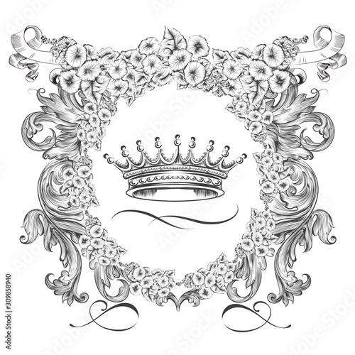 Heraldic vector shield with crown and flowers in vintage antique style