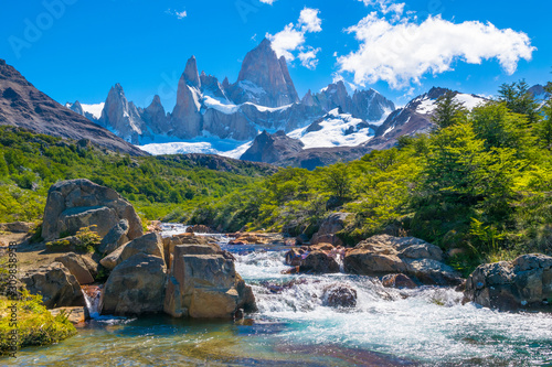 Wonderful view of Mount Fitz Roy (Cerro Fitz Roy) near the Poincenot camp in Los Glaciares National Park Patagonia - El Chalten - Argentina photo