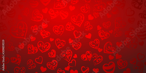 Background of big and small hearts with ornament of curls, in red colors