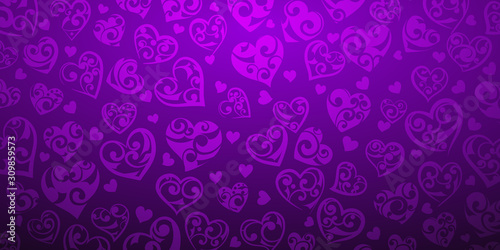 Background of big and small hearts with ornament of curls, in purple colors