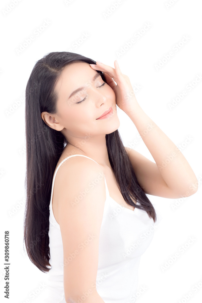 Portrait of beautiful woman asian makeup of cosmetic, girl hand touch cheek and smile attractive, face of beauty perfect with wellness isolated on white background with skin healthcare concept.