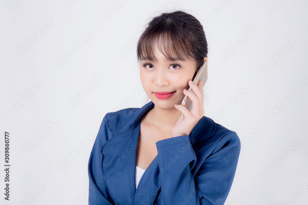 Beautiful portrait young asian business woman confident talking on smart mobile phone isolated on white background, secretary businesswoman work with phone call with happy, communication concept. Beautiful portrait young asian business woman confident talking on smart mobile phone isolated on white background, secretary businesswoman work with phone call with happy, communication concept.