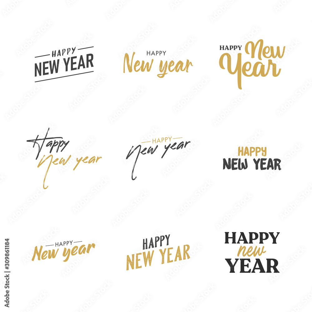 Happy new year typography signs. Vector Lettering Compositions collection. Set of Holiday design for greeting card.