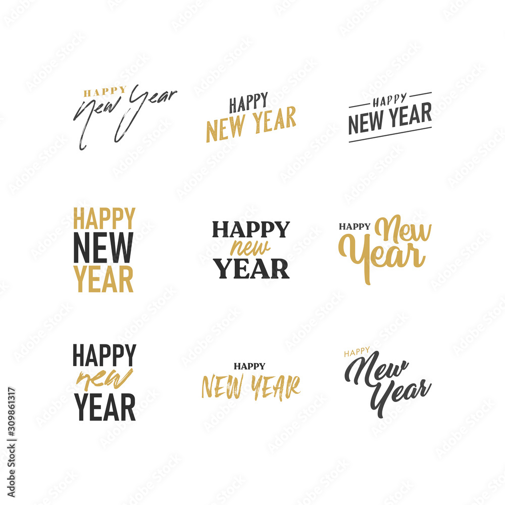 Happy new year typography signs. Vector Lettering Compositions collection. Set of Holiday design for greeting card. Happy new year typography signs. Vector Lettering Compositions collection. Set of Holiday design for greeting card.