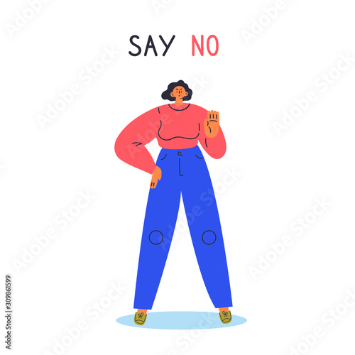Woman expressing denial NO with her hand.Stop domestic violence and crime against females.No means no concept,stop here.Cartoon character isolated on white background.Flat color vector illustration.
