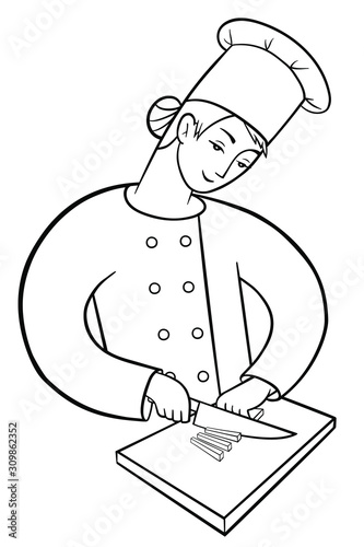 Happy female cook holds a knife and cuts on a chopping board. Woman in chef uniform and cap at work. Vector outline illustration drawings on a white background