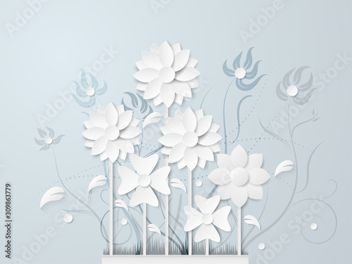 Vector Illustration of White flower and Bouquet beautiful, Paper art 3D style.