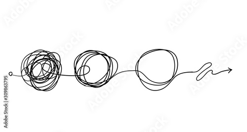 Set of hand drawn messy clew symbols line of symbols with scribbled round element, concept of transition from the complicated to simple, isolated on white background Vector illustration.