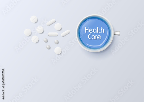 White pills and glass On a gray background, a conception for the medical community. Vector illustration