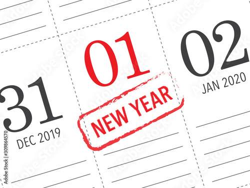 Close up of first day of the year 2020 on diary calendar.