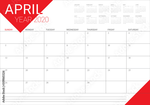 April 2020 desk calendar vector illustration