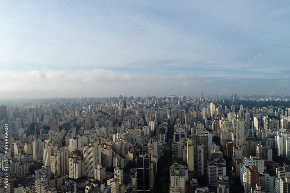 Aerial view of sunrise in downtown. Great landscape. São Paulo, Brazil