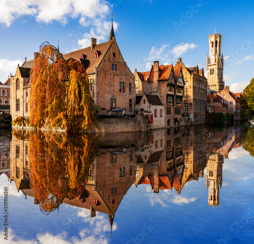 Canals and Buildings of Bruges in Belgium in autumn