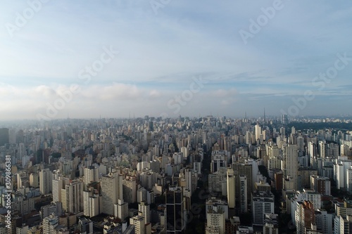 Aerial view of sunrise in downtown. Great landscape. S  o Paulo  Brazil