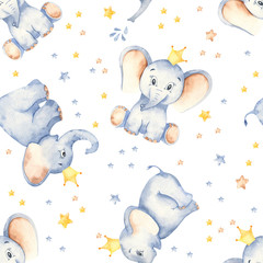 Crédence de cuisine Éléphant patrons Bébés éléphants couronnes étoiles aquarelle  © MarinaErmakova