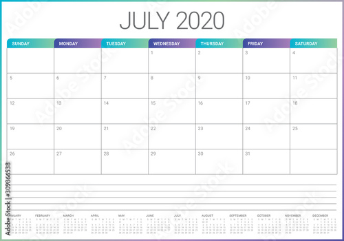 July 2020 desk calendar vector illustration