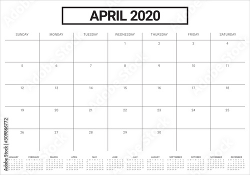April 2020 desk calendar vector illustration