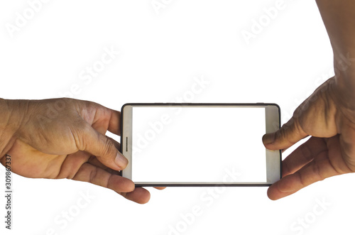 hand holding mobile pone touch screens and blank screens that are separate from the white background and have shortcuts