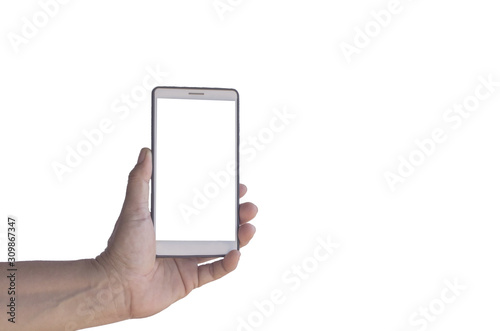 hand holding mobile pone touch screens and blank screens that are separate from the white background and have shortcuts